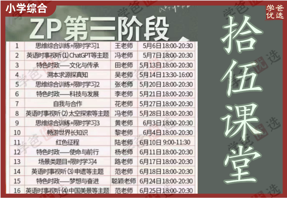 【002054】【小学综合】拾伍课堂：早培第三阶段（语文数学英语地理等）2023王进平等-学爸优选