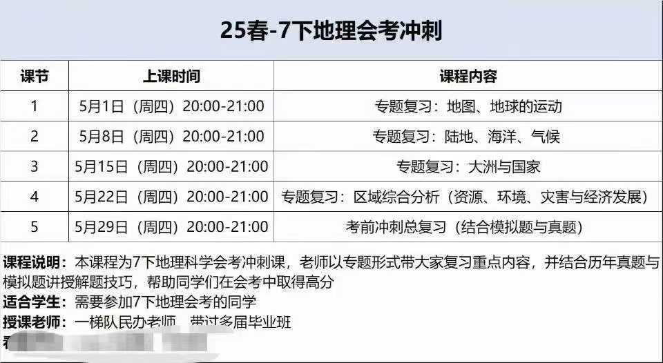 上海2025春地理/科学会考冲刺课❣️特惠3天❣️❶地理5节课，25.5.1开课❷科学4节课，25.5.5开课每节-学爸优选