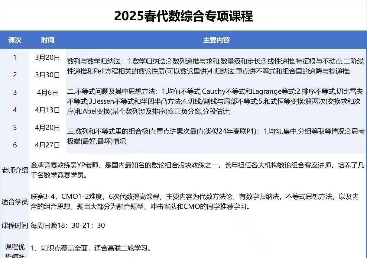 2025春代数综合专项课程
 	
  金牌竞赛教练吴宇培老师，是国内最知名的数论组合版块教练之一，长年担任各大机构数论组-学爸优选