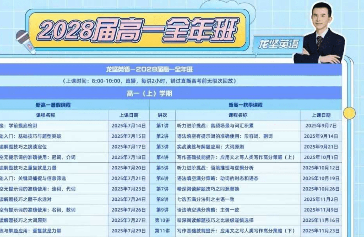 【003721】【高中英语】龙坚：高一英语四阶（25暑秋26寒春）开明致学（送阅读理解冲刺、语法改错、广东听说课程等）-学爸优选