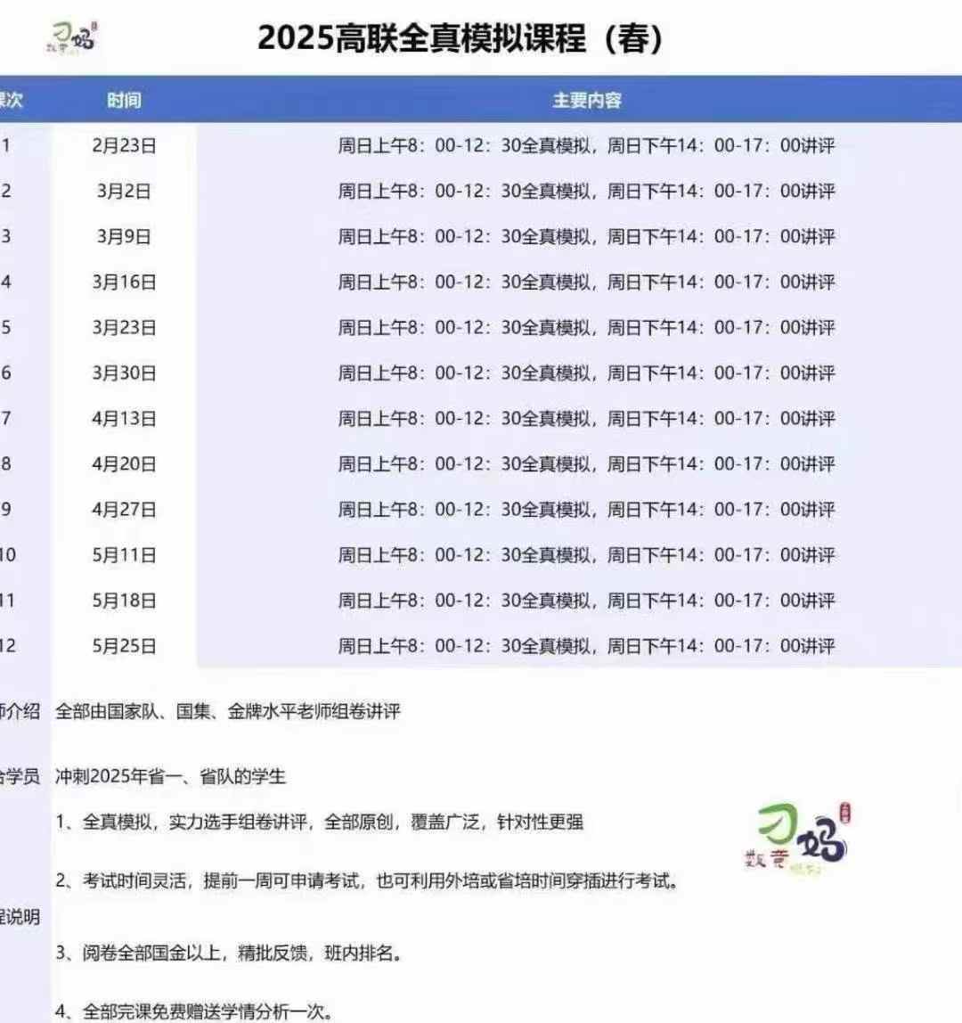 【高中数学】刁妈：高联全真模拟课程（全部由国家队、国集、金牌水平老师组卷讲评）适合：2025省一省队的学生-学爸优选