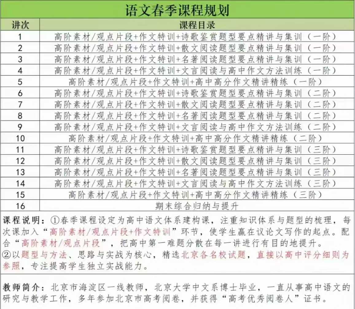 【高中语文】2026北京六小强高一语文春季 已更3春季16次课，每次2小时高阶素材+作文特训+诗歌鉴赏+散文阅读+名著+文言文+-学爸优选