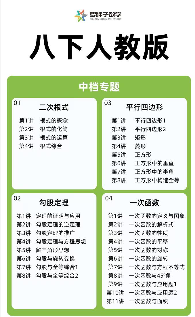 [强][庆祝]一手罗胖子数学8下人教版新课，同步官网更新。课程+书本都有，
合伙人最低价开号
。-学爸优选