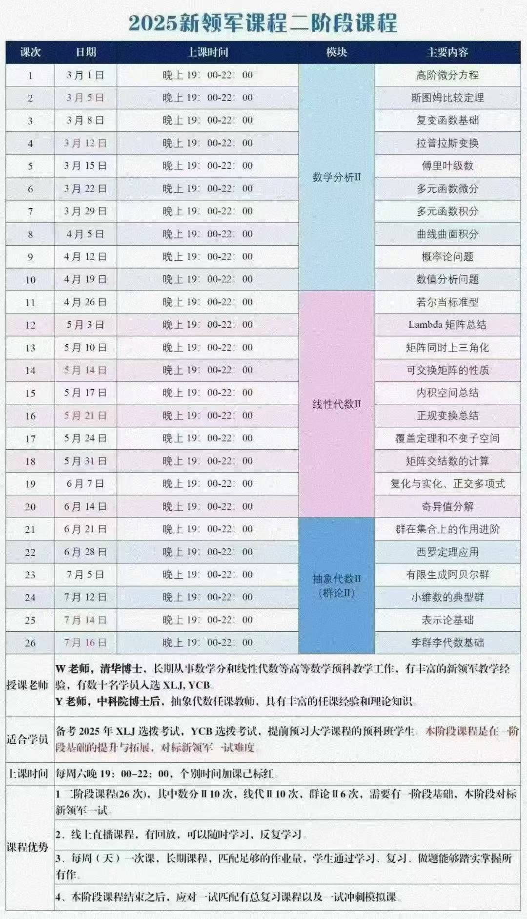 📚新领军二阶段
（暨大学先修课程）
❶数学分析Ⅱ，10讲
❷线性代数Ⅱ，10讲
❸抽象代数Ⅱ，6讲

备考XLJ选拨考试-学爸优选