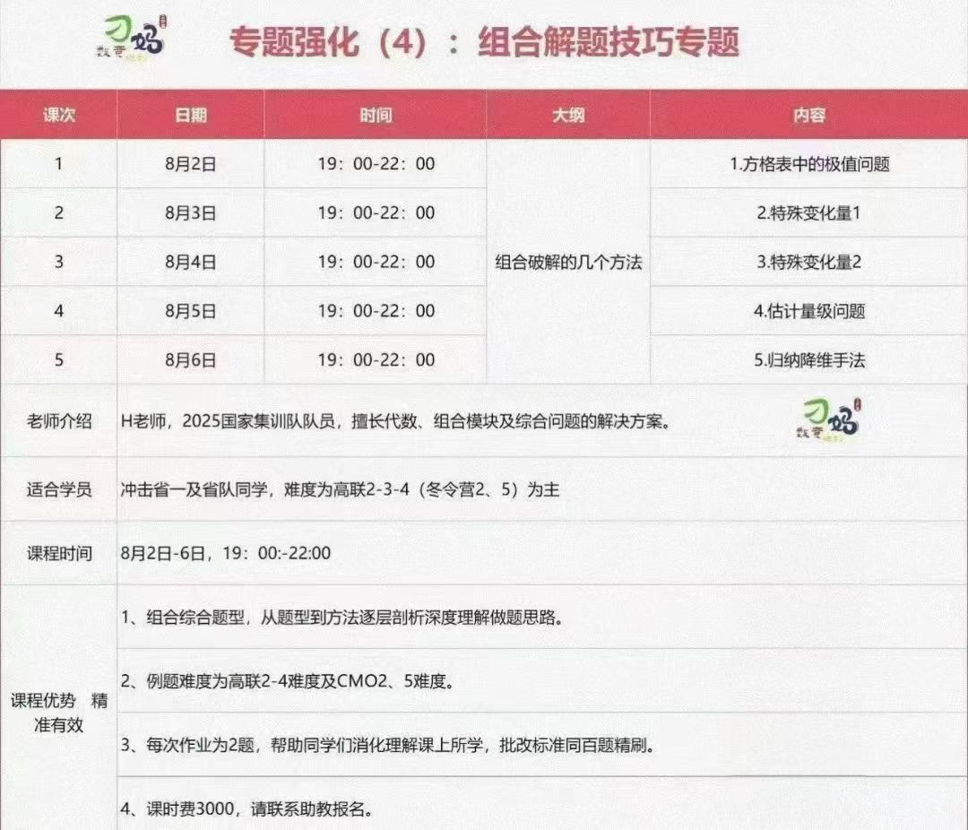 2026暑假刁妈数学竞赛
高联二试几何计算法+数论+组合
专题强化,几何4次课,数论4次课,
组合5次课。
每次课3小时-学爸优选